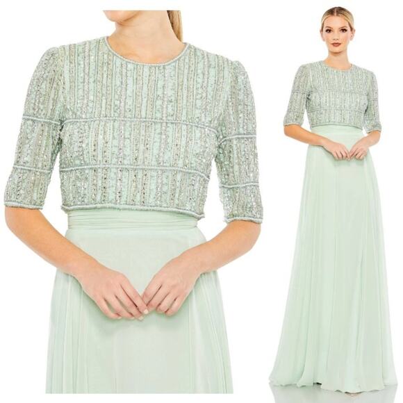 Mac Duggal 9180 Sage Green Chiffon Gown Fully Beaded 3/4 Sleeve Top 14 $598 NWOT